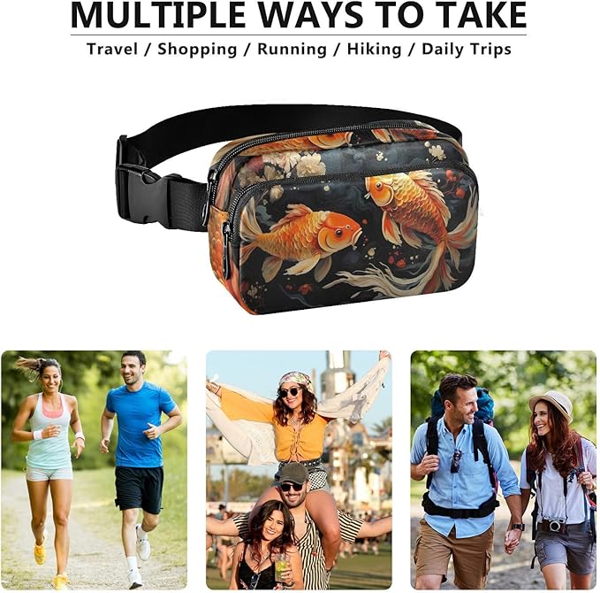 Two Golden Koi Water Plants Flowers Fanny Pack for Women Men Water Resistant Fashion Waist Packs with Adjustable Strap Belt Bag for Travel Workout Jogging Hiking 21219645