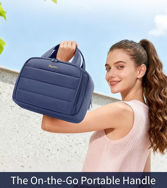 Travel Toiletry Bag for Women, Lightweight Large Quilted Puffy Makeup Bag Wide-open Make up Organizer Cloud Cosmetic Bag w/Handle for Traveling Toiletries Essentials Accessories Navy Blue