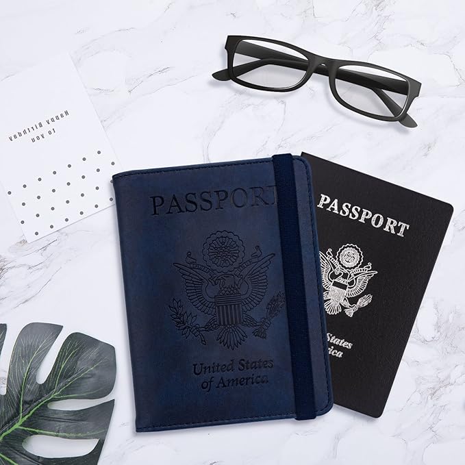 WALNEW Passport Holder for Travel, RFID Passport Cover Wallet for Women Men, PU Leather Passport Book Card Holder Case with Pen, Travelling Essentials for Flying