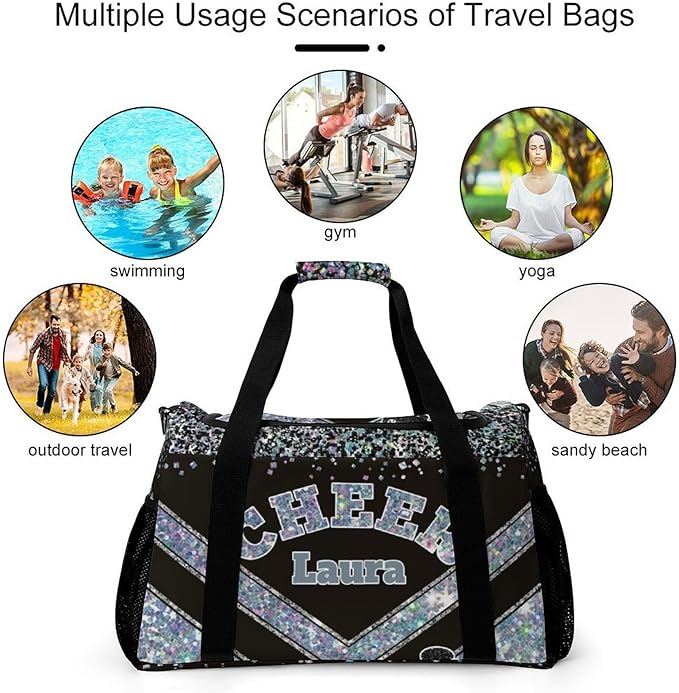 Personalized Cheer Bag Gifts for Girls Sport Cheerleading Gym Travel Duffel Bag Overnight Weekender Bags with Name (Light Blue Gray)