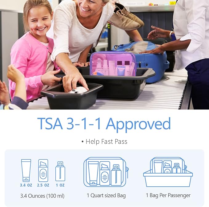 PACKISM TSA Approved Toiletry Bag 2 Pack - 1 Medium TSA Quart Carry-On & 1 Large for Checked Luggage, Water-resistant Clear Makeup Bag Clear Travel Bags for Toiletries, Light Pinkish Purple