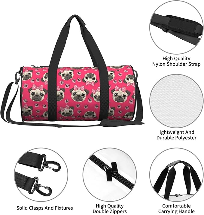Womens Gym Tote Duffle Bag Cartoon Pug Dog Pink, Sports Overnight Weekender Workout Carry on Bag Ideal for Travel, Swimming, Dance