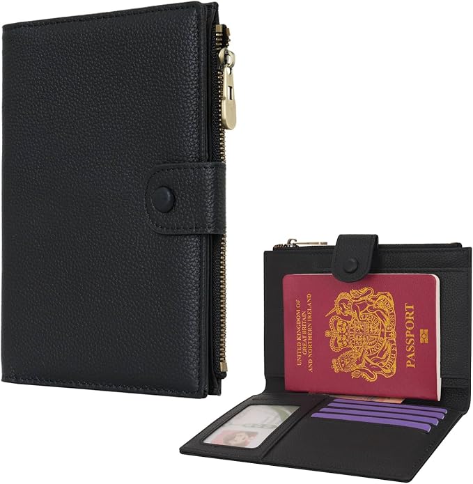 WASON Leather Passport Cover Travel Wallet RFID Blocking – Passport Holder Slot with Zipper Pocket for lD, Boarding Pass,Ticket, Cash, SD Card, Travel Essentials for Men and Women (Black)