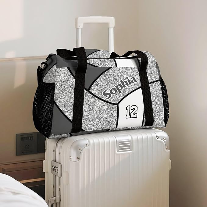 Custom Silver Volleyball Duffel Bag with Name Personalized Travel Bags Sport Gym Bag Carry On Weekender Bags for Men Women
