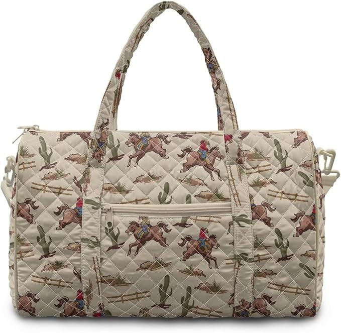 COEQINE Men Gym Bag for Travel Bag Quilted Duffel Bags for Men Mens, Large Packable Travel Bag with Western Horse Beige Printed