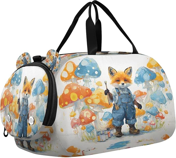 Kids Travel Duffel Bag Overnight Weekender Carry-On Tote Gym Bag with Shoes Compartment Sports School Anthropomorphic Fox in Denim Overalls Painting A Mural Of Polka-dot Mushrooms Lisa Frank Neon Pal