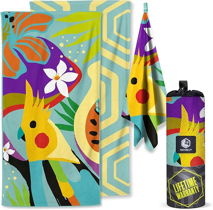 VENTURE 4TH Microfiber Beach Towel: Quick-Dry, Compact, Sand-Free, Absorbent, Sandproof and Lightweight - Perfect for Camping, Beach, and Roadtrips (Turquoise Cockatoo Design | 35x78 inches)
