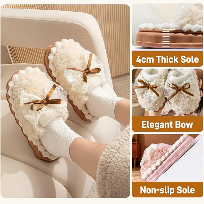 Cute Bow Slippers for Women, Womens Fuzzy Fluffy Cozy Indoor Outdoor House Slippers