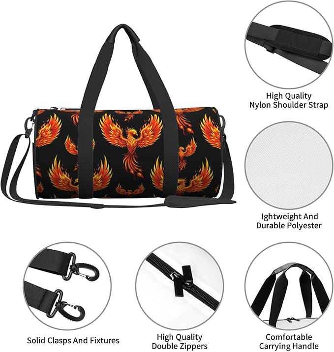 Gym Bag for Men Women Fire Flame Bird Black Art, Small Fitness Workout Sports Bag Water Resistant Overnight Weekender Duffel
