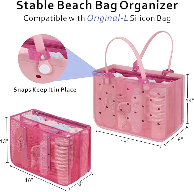 F-color Beach Bag Organizer Insert Compatible with Silicon Bag Original Large, Mesh Tote Liner with 10 Pockets & Adjustable Handle, Lightweight Divider Pouch for Beach Accessories Organizing, Pink