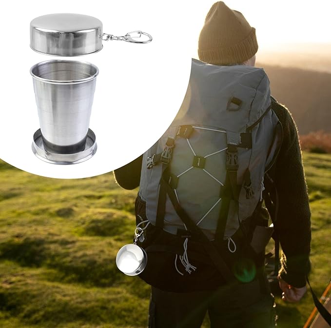 MY MIRONEY 2PCS Stainless Steel Collapsible Cup Telescopic Shot Glasses Portable Outdoor Folding Cup with Metal Keychain and Lid for Travel, Camping, Picnic (2.5 Oz)