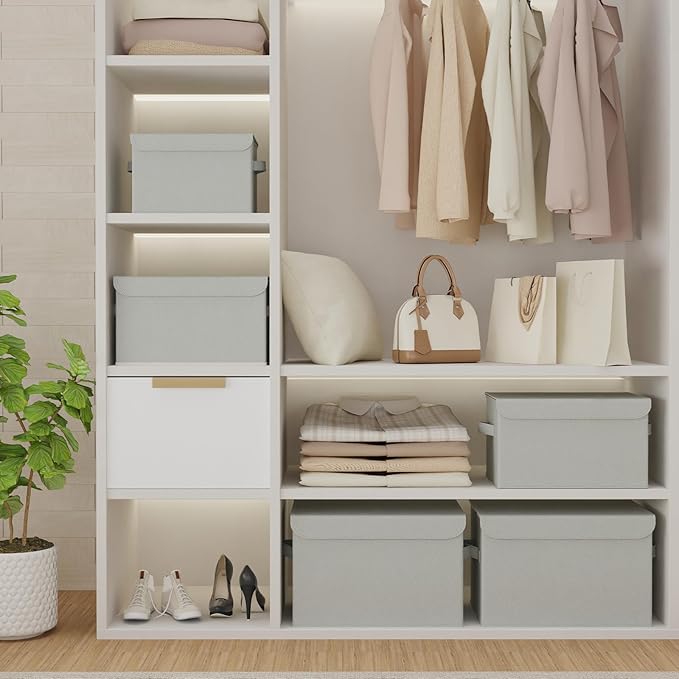 Foldable Storage Bin, Cube Organizer Basket with Flip-Top Lid and 2 Handles, Decorative Boxes for Shelves with Cover for Clothes, Towels, Blanket, 2 Pack, Grey, 13 x 9 x 7.9 In, XSNY12GM-2