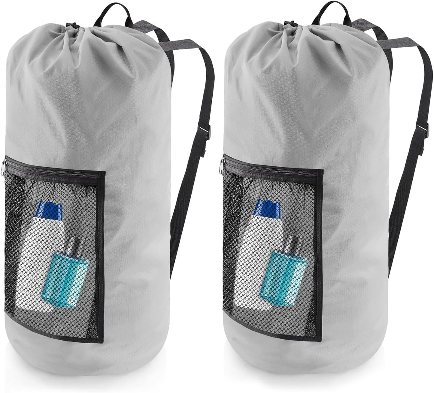 Laundry Bag Backpack, 2PCS Extra Large Travel Laundry Bag with Mesh Pocket & Adjustable Shoulder Straps,Dirty Clothes Travel Bag for College Students Dorm,Apartment(Light Gray)