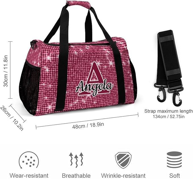 Pink Sparkly Print Personalized Duffel Sports Bag with Name Custom Weekender Overnight Bag Gym Bag Travel Duffel Bag