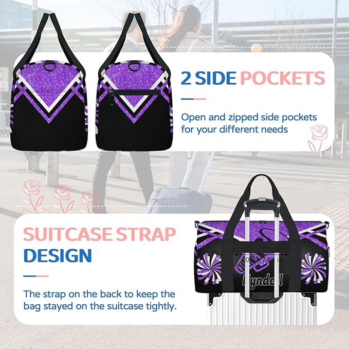 Custom Name Sports Cheer Duffel Bag for Teens, Personalized Gym Travel Weekender Tote Carry-On Bag, Purple Black Glitters Cheerleading