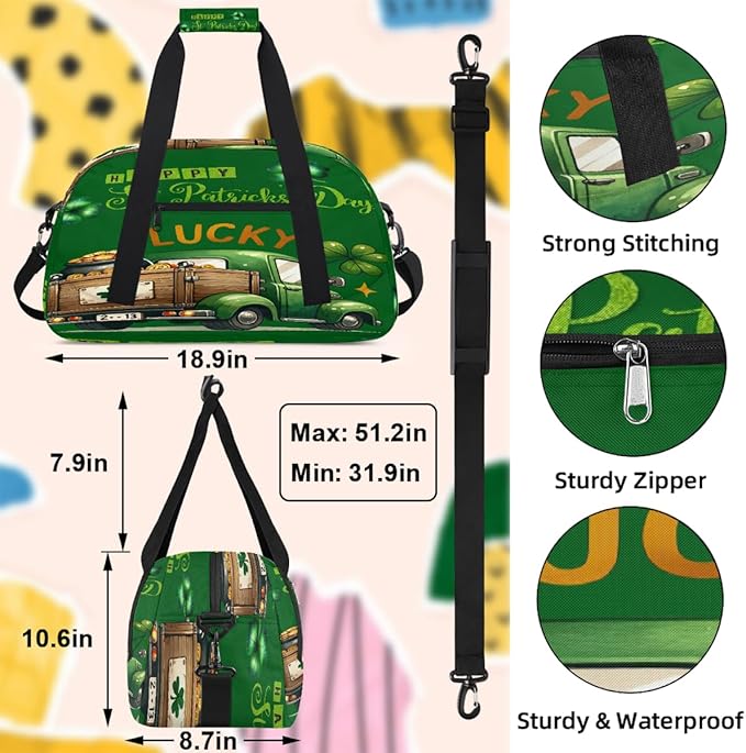 Travel Duffle Bag for travel duffle bag sports Girls Boys Kids St Patrick's Day Truck Lightweight Overnight Sleepover Weekender Bags Small Dance Gym Sport Bag Teens Carry-On Size Workout Bag