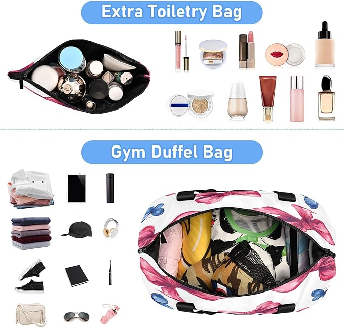 Travel Duffel Bags for Women Red Bow & Blue Butterfly Sports Duffel Bags Gym Bags with Shoes Compartment Tote Bag Weekender Bag for Travelling