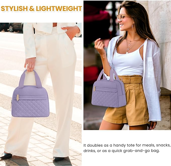 Insulated Lunch Bag for Women, Portable Lightweight Lunch Box for Adults, Reusable Small Lunch Tote Cooler Bags with Front Zipper Pocket for Work School Picnic(Purple)