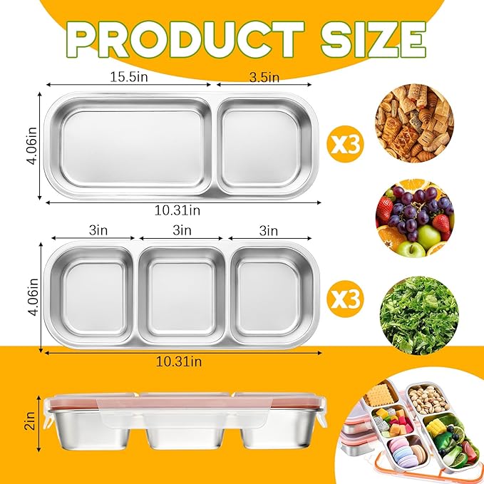6 Pcs 304 Stainless Steel Lunch Containers Bento Boxes 38oz Salad Multipurpose with 3 and 2 Compartments Winter Party Reusable Large Box with Lids Divided Containers for Snack Dip Sandwich (Orange)