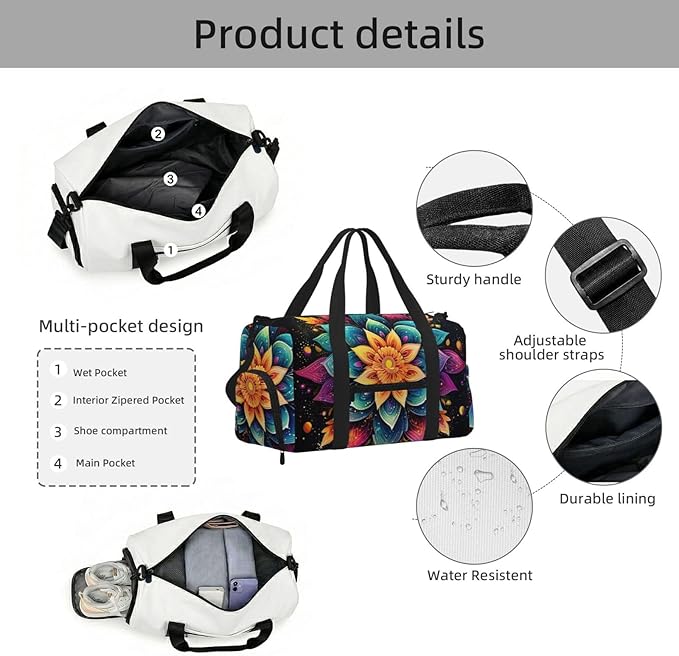 Sports Gym Bag Colorful Boho Mandala Flower Art Painting Travel Duffel Bag With Shoe Compartment Shoulder Strap, Lightweight Water-Resistant Weekend Overnight Totes For Women Men