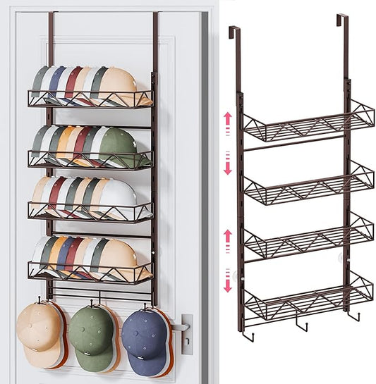 SWTYMIKI Over Door Hat Organizer - 5 Tier Wall Mounted Hat Rack with 4 Adjustable Metal Basket and 3 Hooks, Hanging Baseball Cap Organizer Storage Holds up to 49 Caps for Door, Bedroom, Closet