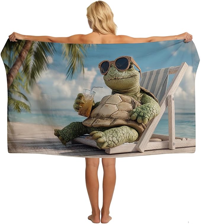 SARA NELL Turtle Beach Towel, Relaxing Sea Turtle with Sunglasses and Drink Print, Summer Pool Beach Towel for Vacation, Soft Quick Dry Lightweight, 32"x52"