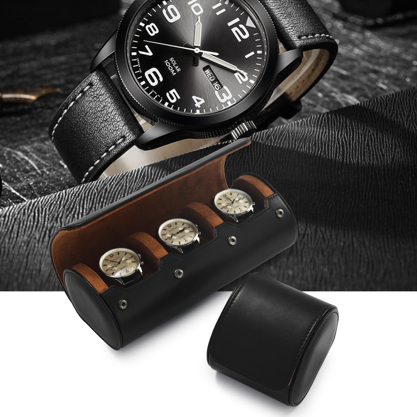 Oirlv Premium Leather Watch Roll Travel Case 2-Slot Watch Box for Men and Women Storage & Organizer Display, Anniversary Birthday（Black）