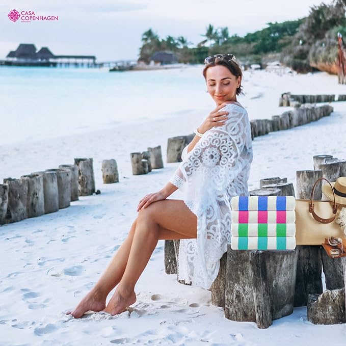 CASA COPENHAGEN Cabana Towel 4Pcs Motley Color Designer Stripe Beach Towels Gift Set, 30"x60" Oversized 100% Cotton Pool Bath Towel for Beach Gift Set (Perfect Summer Gift Set for Women & Men)