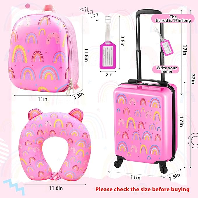 Sanwuta 4 Pcs Kids Luggage Set Rolling Suitcase Backpack U-shaped Pillow Kids Carry On Gift for Summer Travel Family Trip(17 Inch,Rainbow Style,Pink)