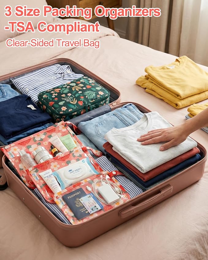 babygoal Clear Travel Organizer Bags 3 Pack, TSA Approved Mess-Proof Pouches with Snap Handle, Water-Resistant Toiletry Essentials for Baby & Mom (Strawberry)