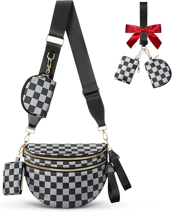 Cross Body Bag for Women Bum Bag Checkered Belt Bags Fanny Packs for Girls Travel Purse Fashion Waist Packs Crossbody Nylon Purse Trendy Shoulder Bags for Womens