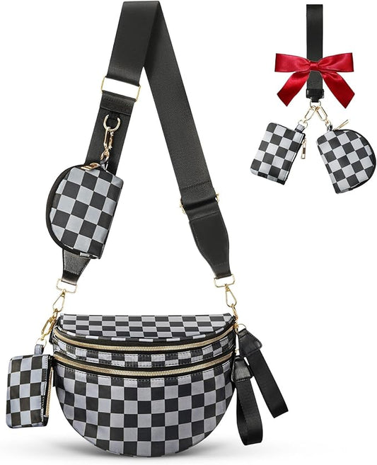 Cross Body Bag for Women Bum Bag Checkered Belt Bags Fanny Packs for Girls Travel Purse Fashion Waist Packs Crossbody Nylon Purse Trendy Shoulder Bags for Womens