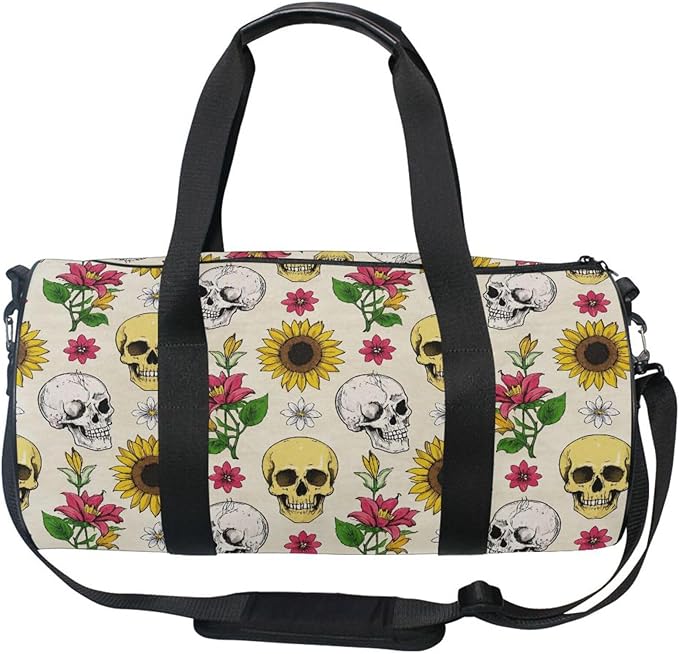 MNSRUU Sports Duffel Bags, Gothic Skull Sunflower Athletic Gym Bag Overnight Workout Travel Tote Luggage for Men Women Yoga