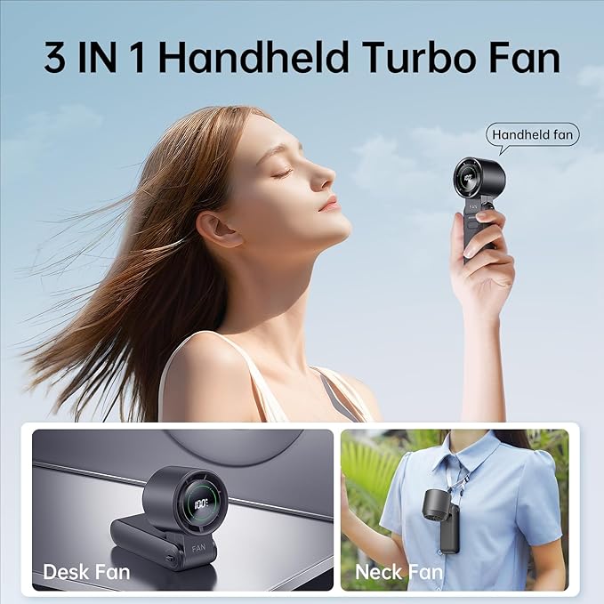2 Pack Black Portable Handheld Turbo Fan-100 Speeds, 13500 RPM, 12Hrs Cooling, Digital Display, USB Rechargeable Mini Hand Held Personal Fan for Travel Makeup Outdoor Indoor