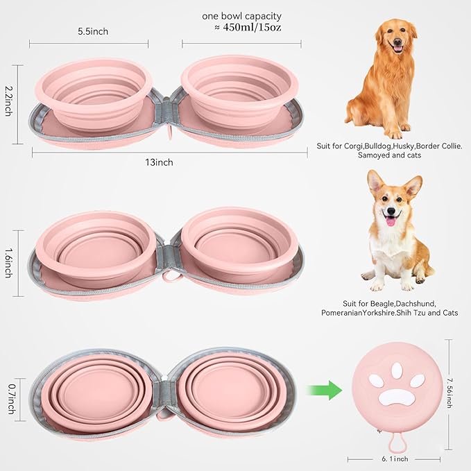 Collapsible 2-in-1 Dog Bowls: Leakproof Double Silicone Food & Water Bowl for Travel, Camping, Hiking - Portable Cat & Dog Feeding Supplies (Pink)