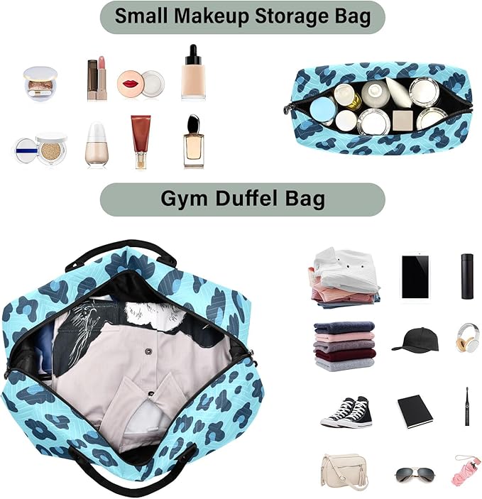 Travel Duffle Bag, Leopard Blue Pattern Gym Bag with Storage Bag Weekender Overnight Bag for Men Women Trip Sports Yoga
