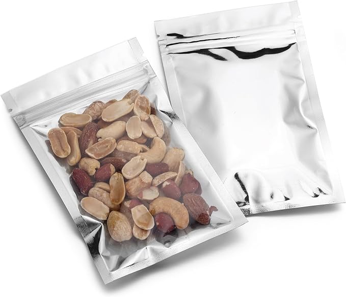 Mylar Bags with Zipper Seal 3.3 x 5.5” | 100 Bags | Resealable Heat Seal Bags for Candy and Food Packaging, Medications and Vitamins | Plastic and Aluminum Foil Packets for Liquid and Solids
