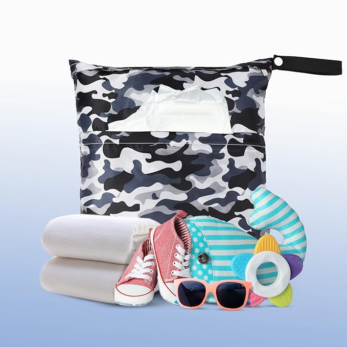 Frienda 4 Pieces Wet Dry Bag for Baby Waterproof Reusable Washable Diaper Bag Sealed with Handle for Travel, Beach, Swimsuit, Diapers, Dirty Gym Clothes and Toiletries (Camouflage)