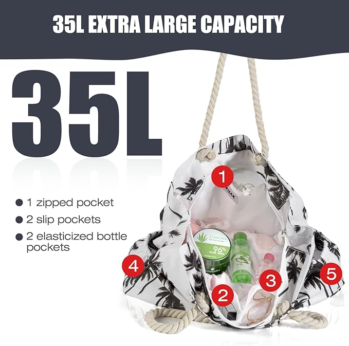 KUAK Beach Bag, Large Beach Bags for Women Waterproof Sandproof Beach Tote Bag with Zipper and Pockets for Pool Family