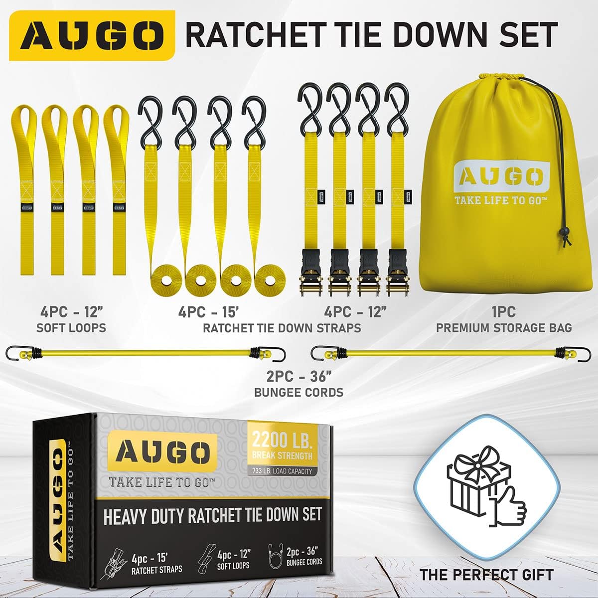 AUGO Ratchet Straps Heavy Duty 4 Pack -15 FT - 2200 LB Break Strength – with Safety Lock S Hooks - Cargo Straps for Moving, Appliances, Motorcycle – Soft Loop Tie Down Straps