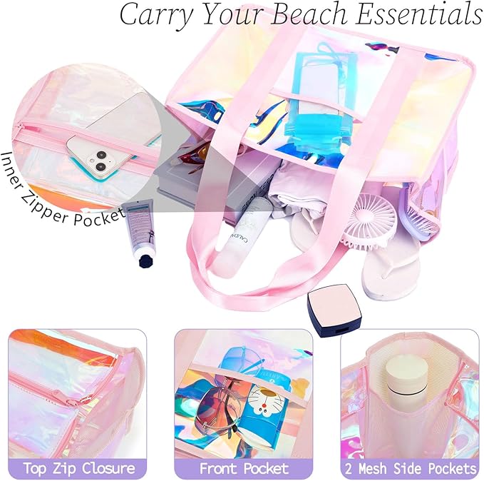 Iridescent Clear Beach Bag for Women, Large Pool Tote Cruise Vacation Essentials - Waterproof, Zipper Closure