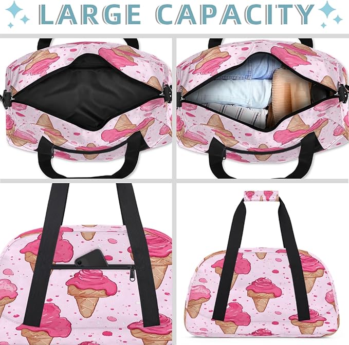 Sports Duffel Bags, Pink Ice Cream Water-Resistant Gym Duffle Bag for Men Women, Lightweight Weekender Overnight Bag for Fitness, Workout, Travel