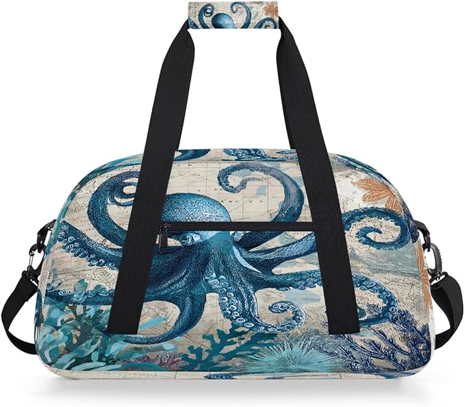 Travel Duffle Bag for travel duffle bag sports Girls Boys Kids Octopus Sea Retro Lightweight Overnight Sleepover Weekender Bags Small Dance Gym Sport Bag Teens Carry-On Size Workout Bag