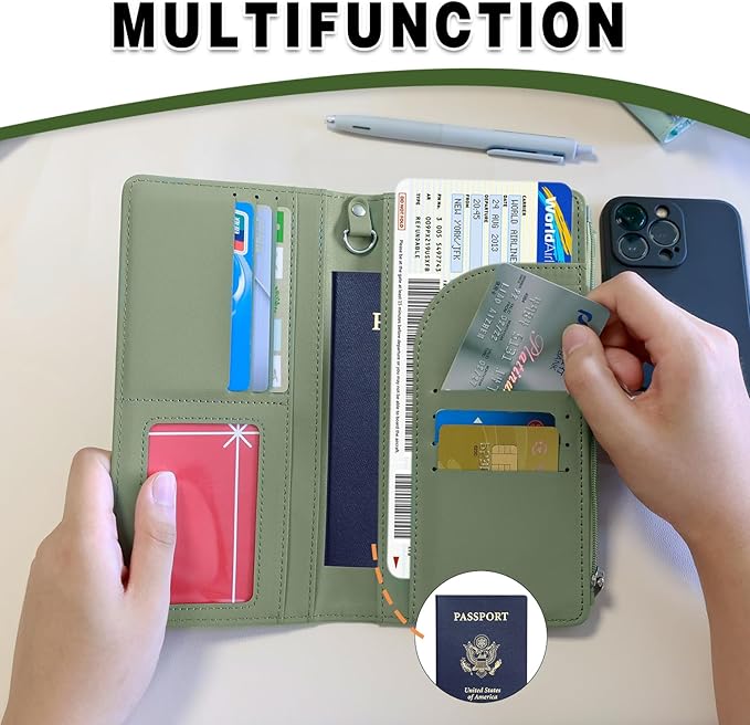 Deziliao Passport Wallet for Men and Women, Mulit-purpose RFID Blocking Passport Holder Travel Wallet, Passport and Vaccine Card Holder Combo, Travel Essentials Passport Cover Case（Moss Green）