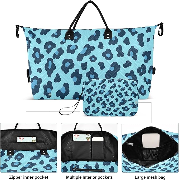 Travel Duffle Bag, Leopard Blue Pattern Gym Bag with Storage Bag Weekender Overnight Bag for Men Women Trip Sports Yoga