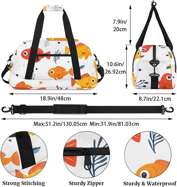 Fish Gym Travel Duffle Bag for Women & Men with Front Zipper Pocket for Sports, Overnight, Weekender, Carry On,Workout & Dance Bag,Cute Fish,18.9 * 8.7 * 10.6 in