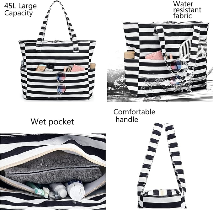 LEDAOU Beach Bag Waterproof Sandproof Women Beach Tote Pool Bag with Zipper for Swim Gym Grocery Travel with Wet Pocket | Sandproof, with Zipper, for Gym, Grocery, Travel, with Wet Pocket