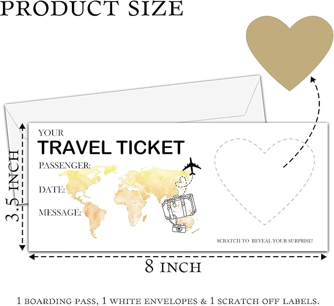 AWSICE Scratch Surprise Travel Ticket, 1 Set Make Your Own DIY Boarding Pass, Surprise Reveal Card for Holiday, Christmas, Wedding, Birthday, Anniversary, Party Supply(3.5"x8" Gold)-C001