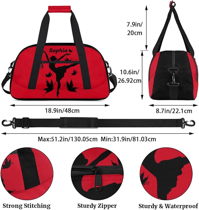 Custom Gym Bags for Girls with Name, Personalized Sports Dance Bag for Kids, Overnight Weekender Duffel Bags Workout Training, Travel Practice Gymnastics Bag，Ballet Girl Butterfly