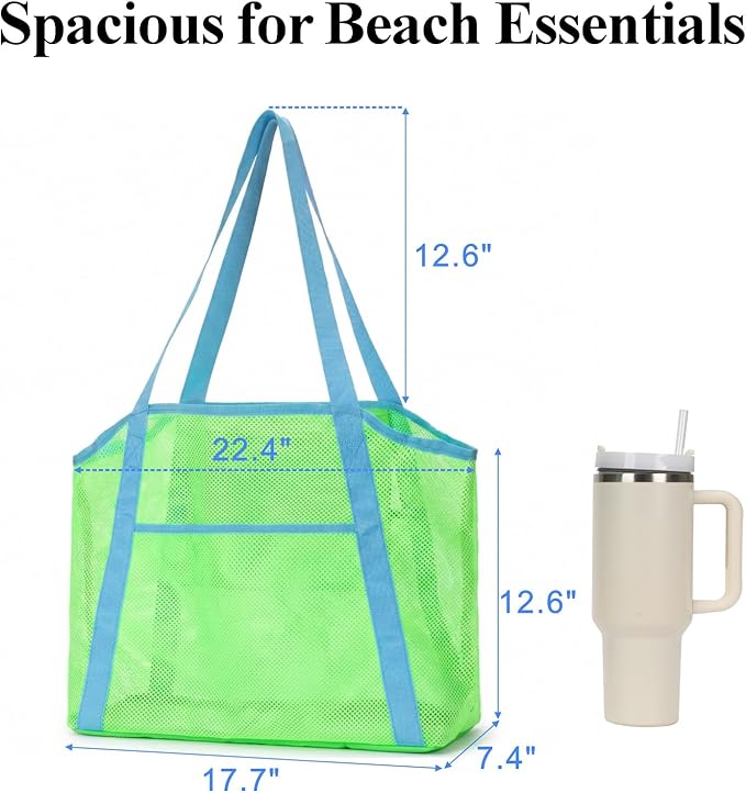 F-color Mesh Beach Bag Family - Large Tote Bag 9 Pockets for Swim Pool Toys Cruise Beach Vacation Essentials